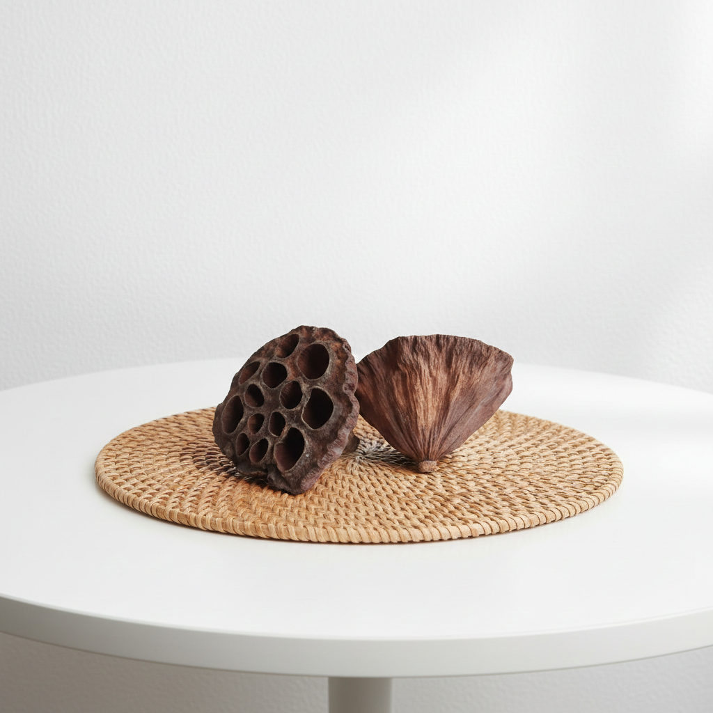 Přírodní dekorace Lotos – střední, sušený plod, přírodní hnědá barva, průměr 5–6 cm